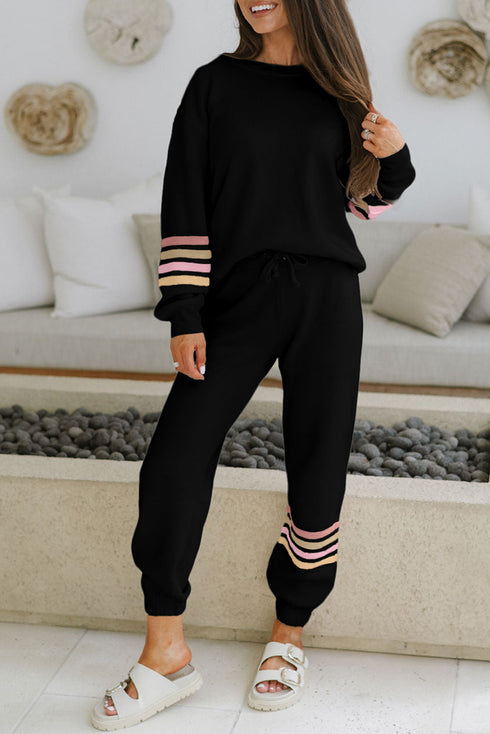 Striped Sleeve Drop Shoulder Pullover Drawstring Jogger Set
